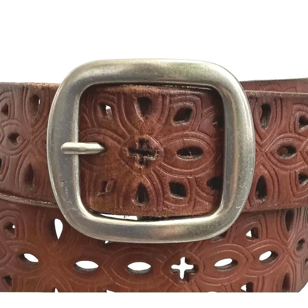 Fossil Western Floral Geometric Embossed Laser Cut Brown Leather Belt Size M